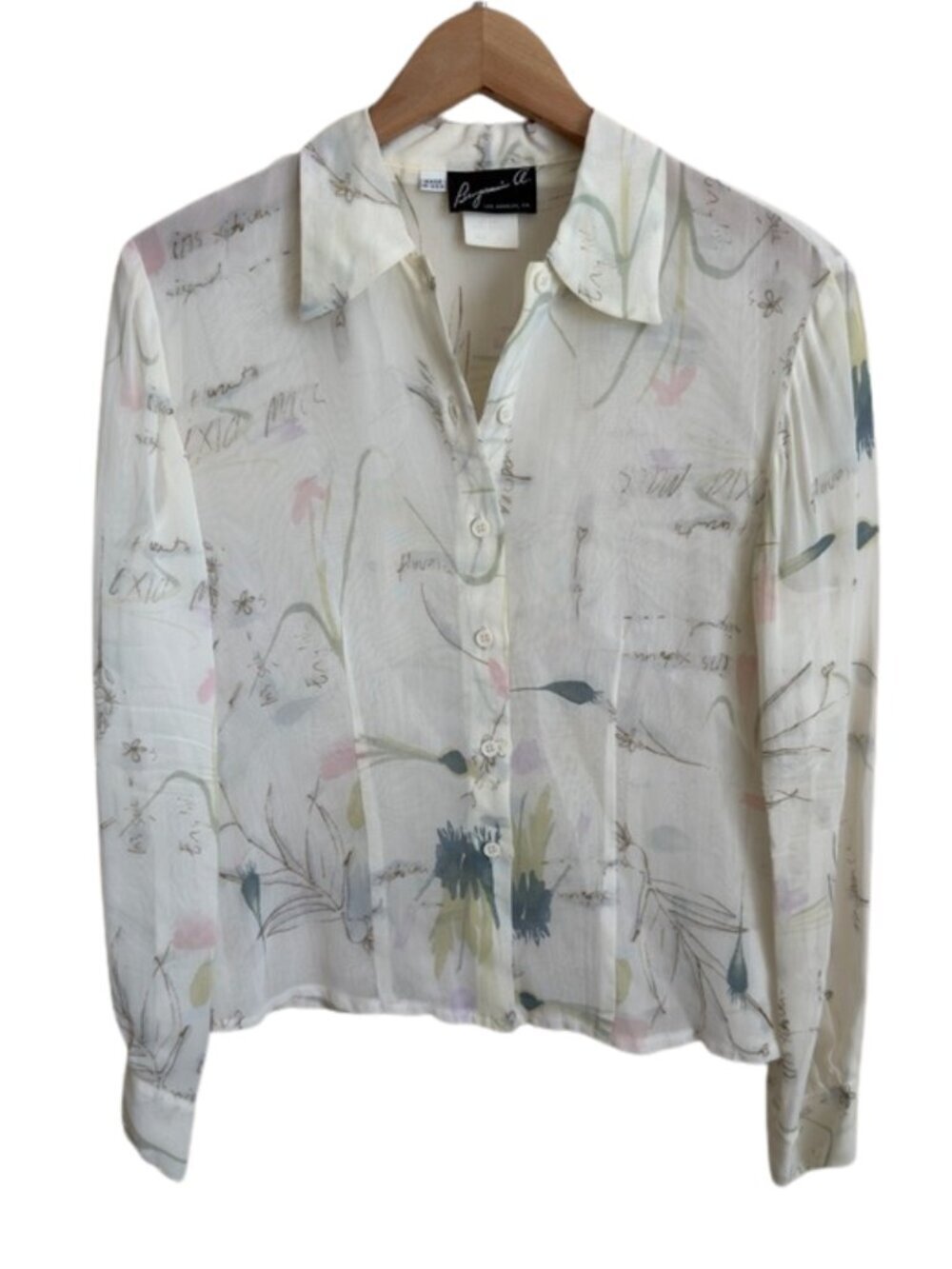 Vintage 90s Sheer Rayon Watercolor Floral Cottagecore Button Up Blouse Cream S/M